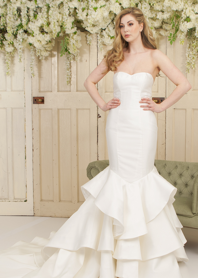 Mikado mermaid contemporary strapless wedding dress with