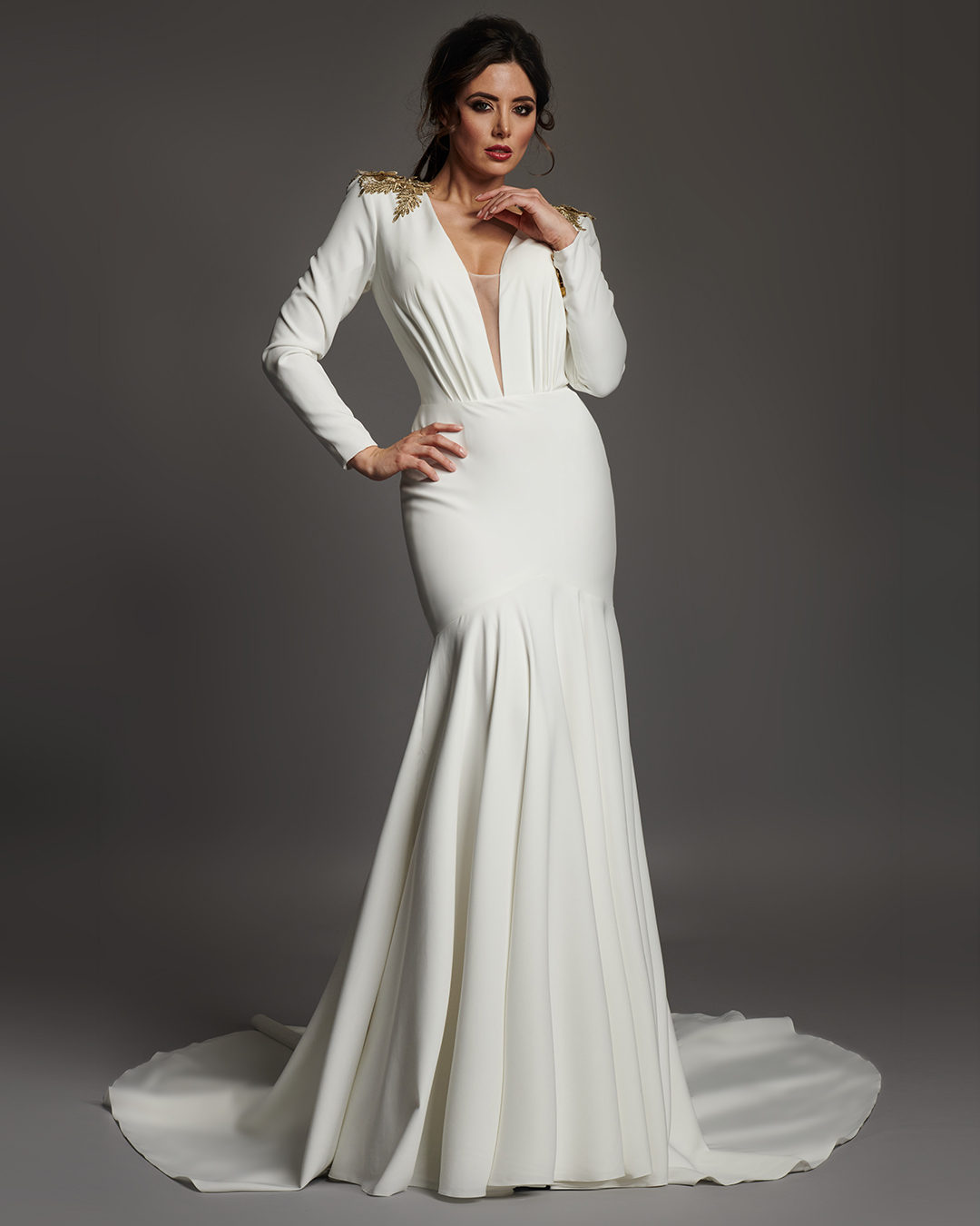 Contemporary crepe halter neck wedding dress with contrast velvet belt