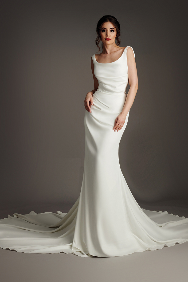 Francesca crepe wedding dress back view without cape, showing folded collar and fishtail train.
