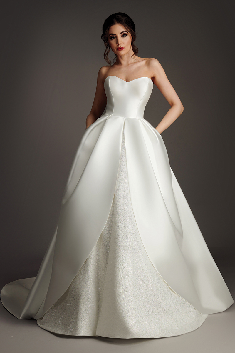 Jessica satin ballgown wedding dress with open keyhole back, cap shoulders and long train.