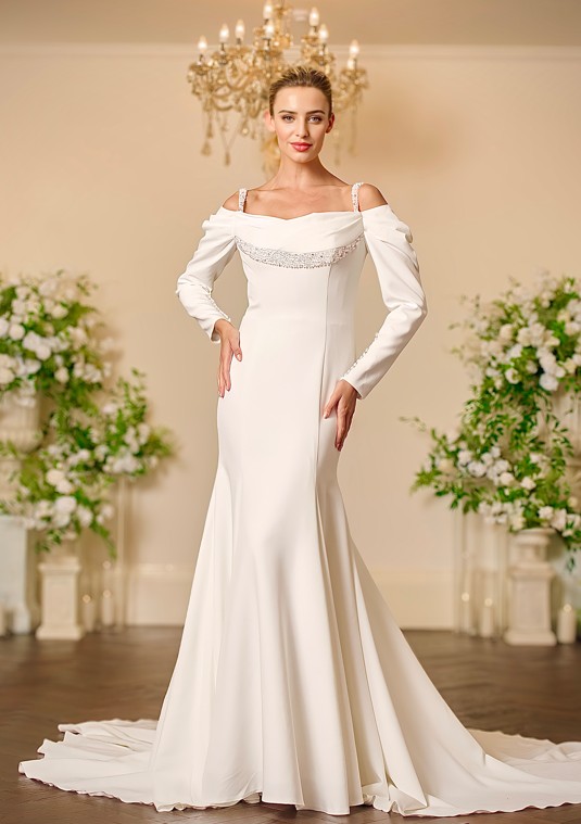 Back view of the Erin off-the-shoulder satin wedding dress with folded portrait collar, long fitted sleeves, covered buttons down the centre back and a cascading ruffled fishtail train.