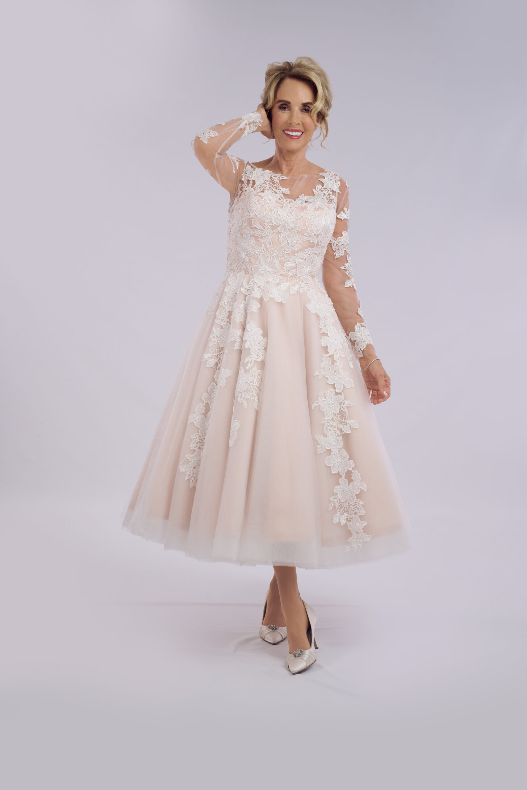 Charlotte blush ballerina length wedding dress for older brides, with floral lace and long illusion sleeves