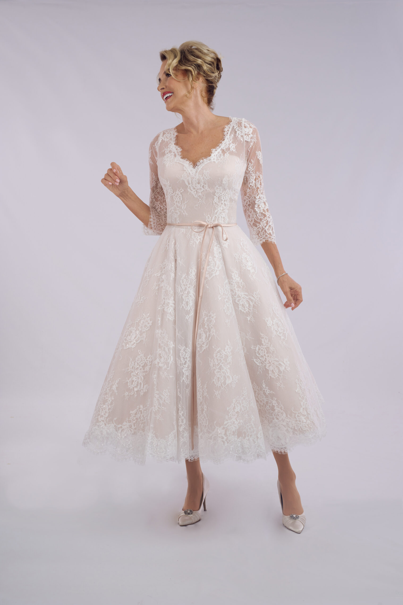 Cherry V neck lace ballerina length wedding dress for older brides, in soft blush with sheer lace sleeves