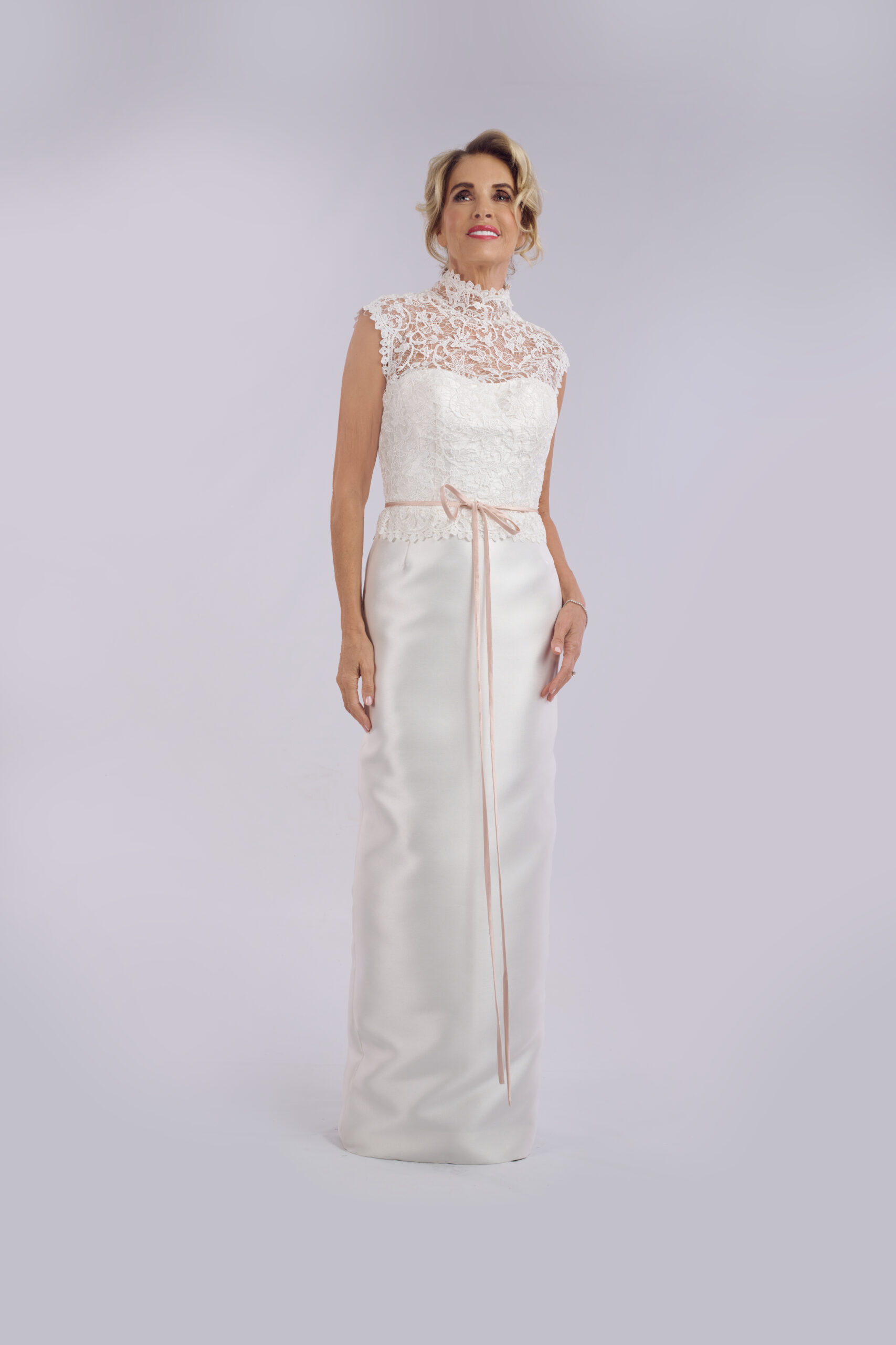Hadley high neck lace column wedding dress for older brides, with a guipure lace bodice and satin skirt