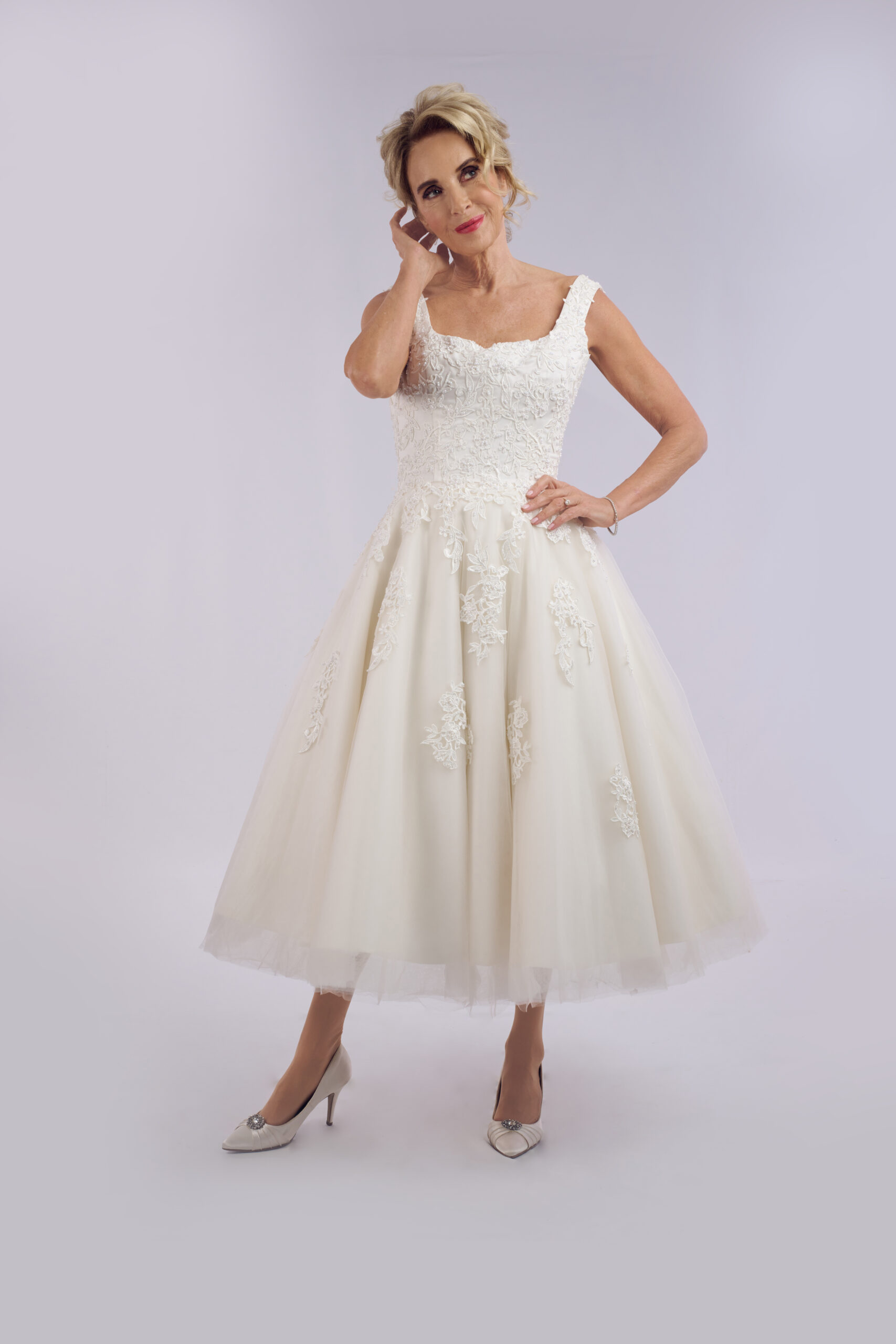 Jocelyn vintage tea length lace wedding dress for older brides, with a sweetheart neckline and full tulle skirt